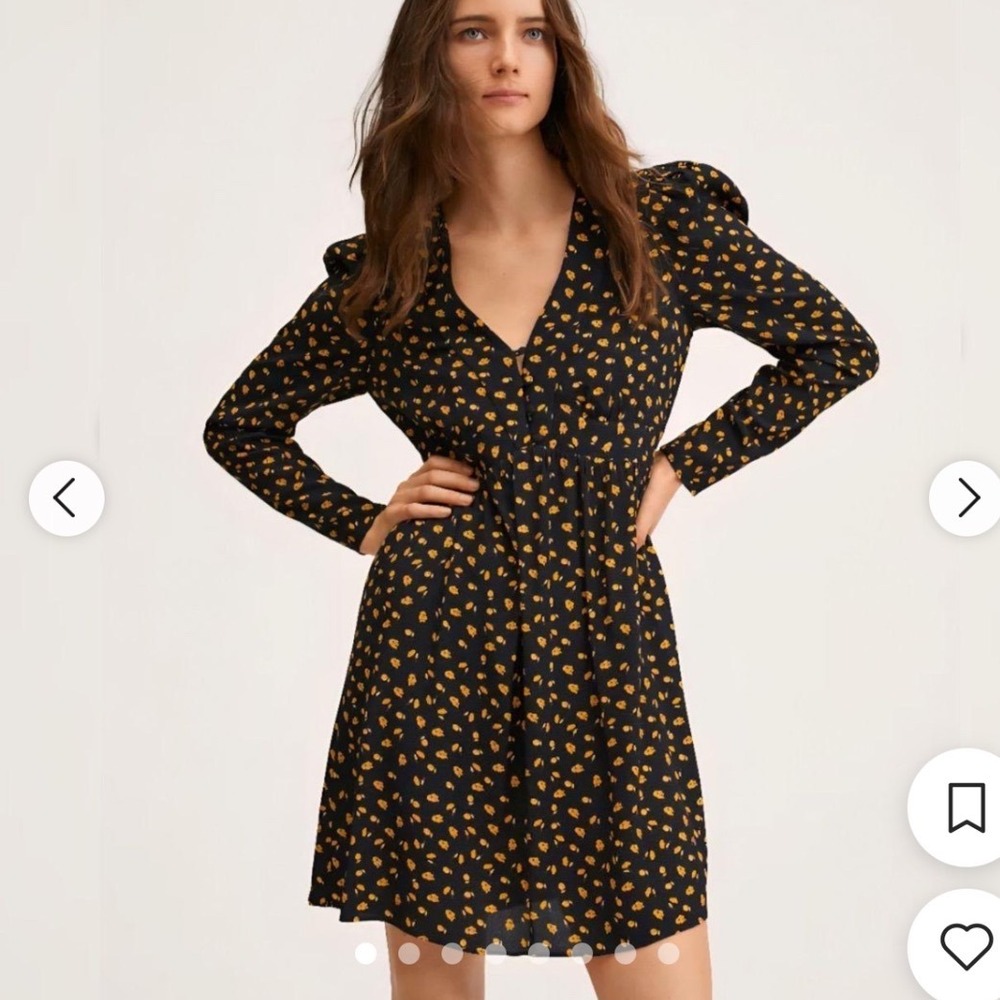 Mango MNG | Women's Black Yellow Floral V-Neck Long Sleeve Mini Dress, Size 2